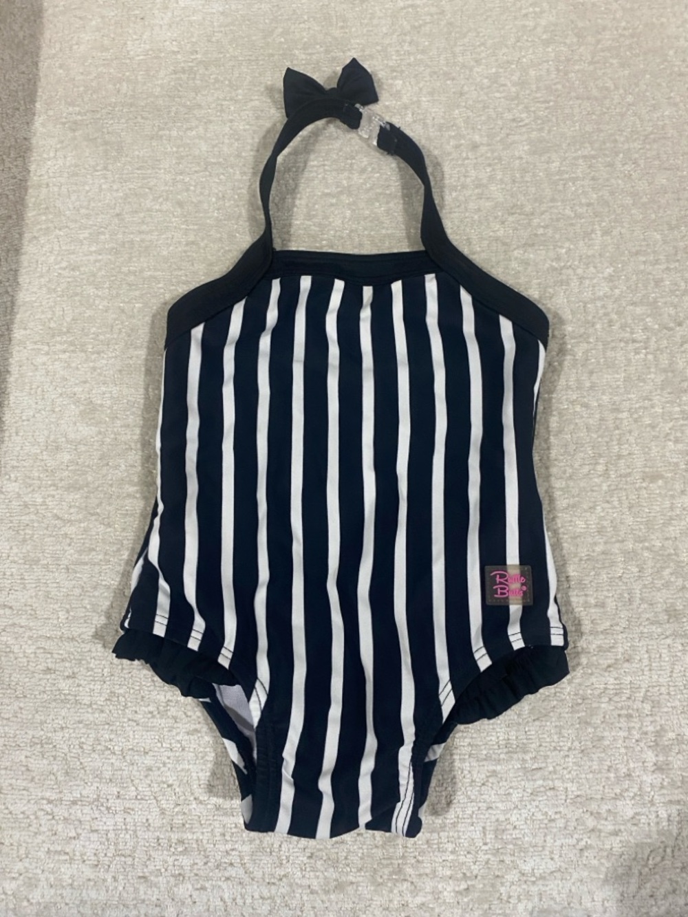 Ruffle Butts Black and White Striped Halter Swimsuit